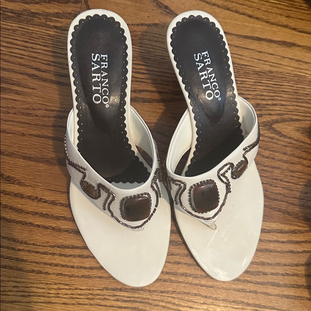 Franco Sarto Cream Slide Mule with Brown Gem Accents